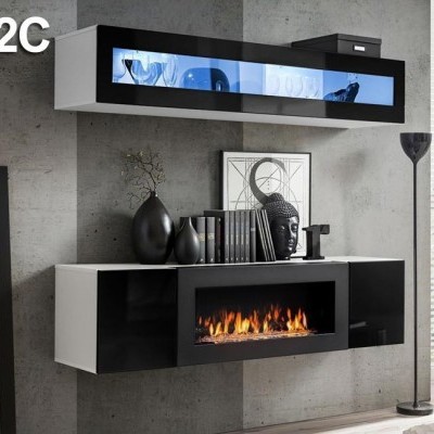 Móvel suspenso moderno com lareira embutida e decoração com objetos e livros