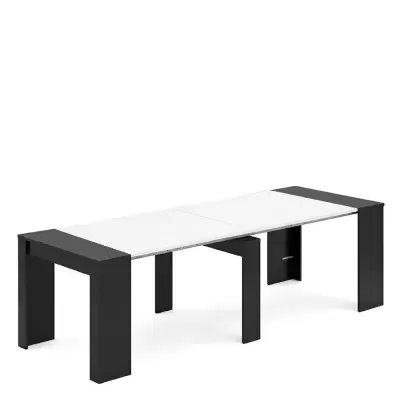 Mesa extensível moderna com tampo branco e pernas pretas