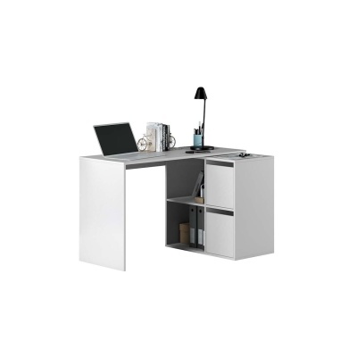 Mesa de escritório branca em L com prateleiras e acessórios de escritório