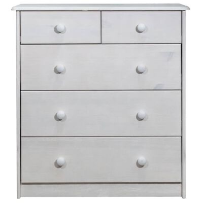 Cômoda branca em madeira com cinco gavetas e puxadores redondos