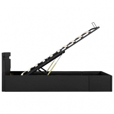 Cama de solteiro preta com mecanismo elevatório aberto