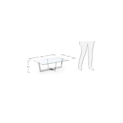 Mesa de centro de vidro com estrutura metálica prateada e silhueta de pessoa para escala
