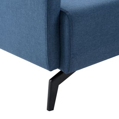 Pé de sofá em metal preto e tecido azul, textura lisa