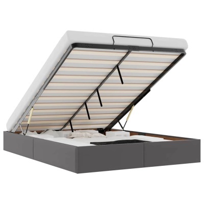 Cama cinza com colchão levantado e espaço de arrumação interior