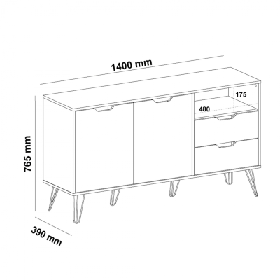 Desenho técnico de móvel buffet com medidas em milímetros.