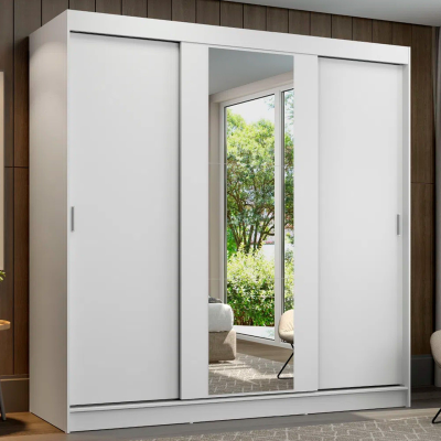 Guarda-roupa branco com porta de espelho no centro em quarto moderno