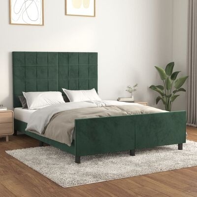 Cama estofada verde escuro com cabeceira quadrada em quarto decorado