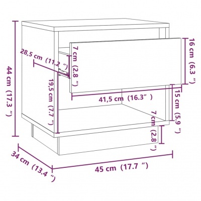 Desenho técnico de móvel em madeira com gaveta e espaço aberto, com dimensões em roxo.
