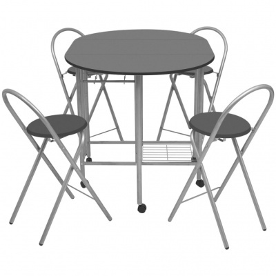 Conjunto de mesa redonda cinzenta com quatro cadeiras dobráveis cinzentas