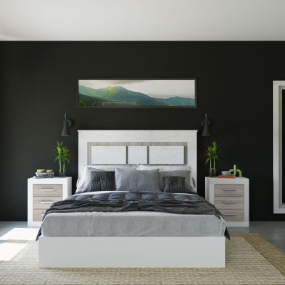 Quarto com cama branca, roupa de cama cinza, mesas de cabeceira com gavetas de madeira clara, plantas, candeeiros pretos e quadro de paisagem montanhosa