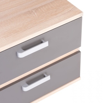 Móvel com gavetas cinzentas e tampo em madeira clara