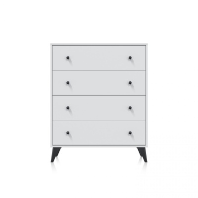 Cómoda branca com quatro gavetas e puxadores pretos