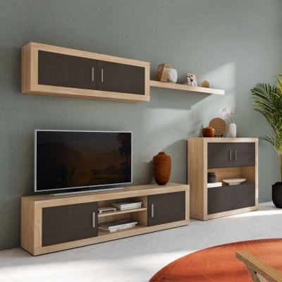Conjunto de móveis para sala com madeira clara e portas castanhas escuras, incluindo armário baixo com TV, estante e armário alto com decoração.