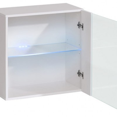 Armário branco com porta de vidro e prateleira interna iluminada