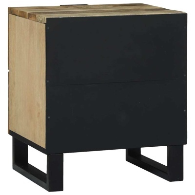 Mesa de apoio em madeira clara e metal preto sobre fundo branco
