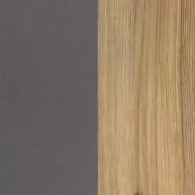 Superfícies cinzenta escura mate e madeira clara com veios naturais lado a lado