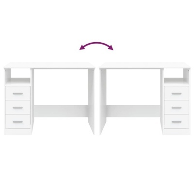 Mesa de escritório branca com gavetas e prateleira, mostrada em duas posições opostas.
