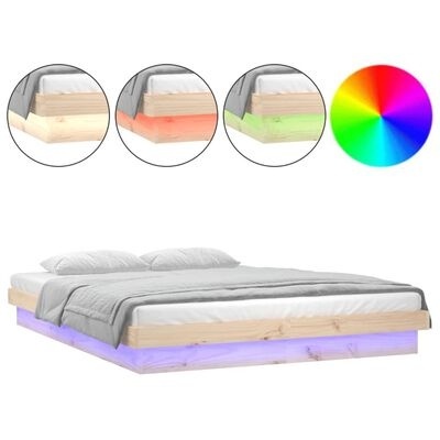 Cama de madeira clara com iluminação LED colorida na base e roupa de cama branca e cinza