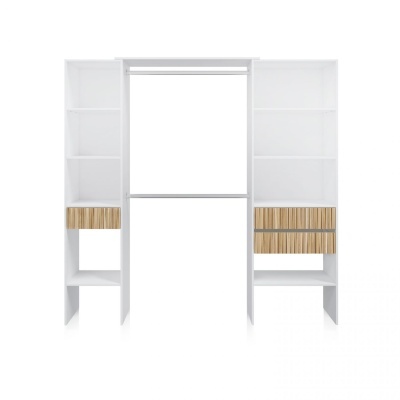 Estante de roupa modular branca com gavetas em madeira clara