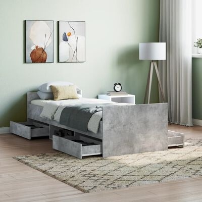 Cama individual cinza com gavetas e decoração minimalista