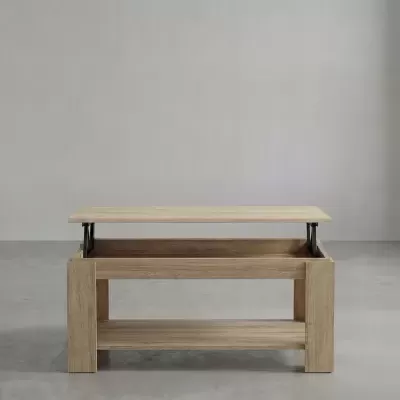 Mesa de centro de madeira clara com tampo elevatório