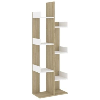 Estante de madeira clara com prateleiras brancas e design moderno