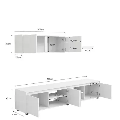 Móvel de sala branco com armário superior e aparador inferior com portas abertas mostrando divisórias internas e medidas em cm