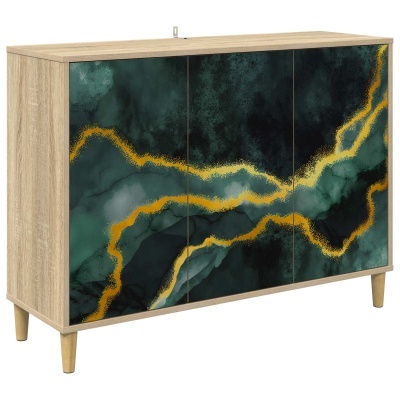 Aparador com portas decoradas em padrão verde e dourado