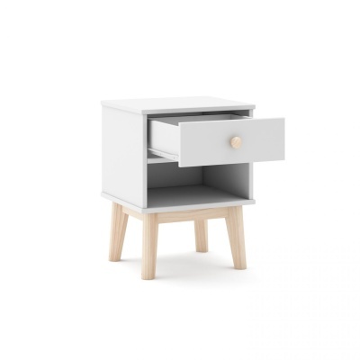 Mesa de cabeceira branca com gaveta e pernas em madeira clara