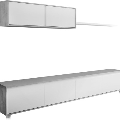 Conjunto de móveis para sala com base baixa e módulo suspenso em cinza claro e branco