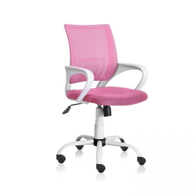Cadeira de escritório cor-de-rosa com estrutura branca e rodas