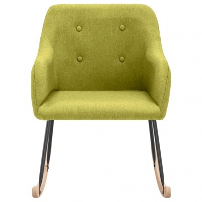 Cadeira de baloiço verde com base metálica preta e pés de madeira clara