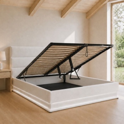Cama de arrumação branca com estrutura metálica e ripas de madeira aberta em quarto minimalista