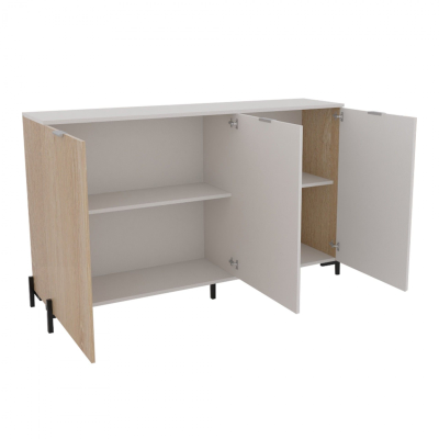 Armário de madeira e portas brancas com três compartimentos abertos