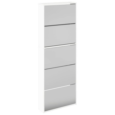 Móvel vertical branco com quatro portas cinza e puxadores embutidos
