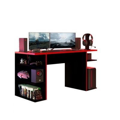 Secretária gamer preta e vermelha com acessórios de gaming