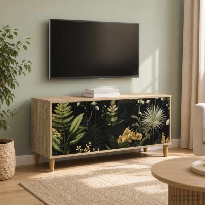 Aparador moderno com porta decorativa de plantas, televisão na parede e ambiente de sala acolhedora