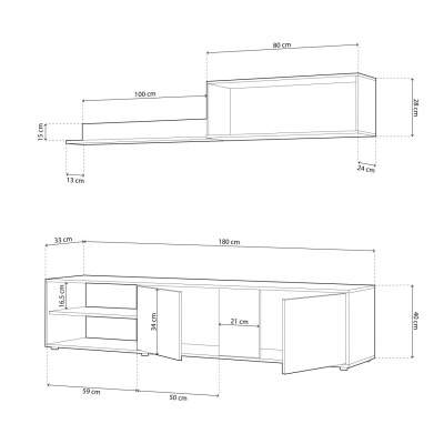 Desenho técnico de móveis em madeira clara com medidas em cm