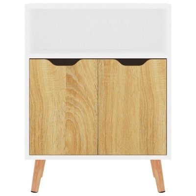 Móvel branco com portas frontais de madeira clara e pés inclinados, estilo moderno