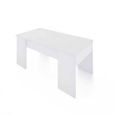 Mesa branca retangular com pernas largas e tampo liso
