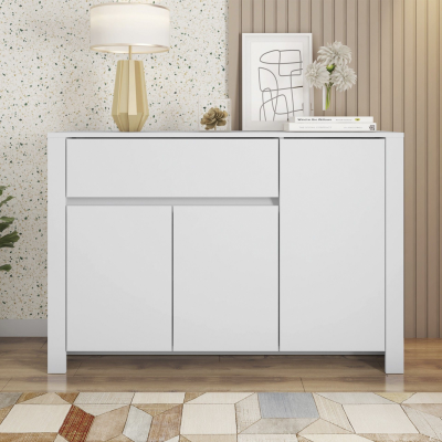 Aparador branco com decoração minimalista e ambiente interior moderno.