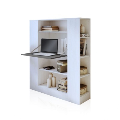 Estante branca multifuncional com prateleiras e secretária dobrável