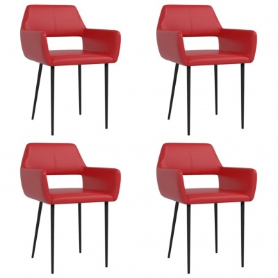 Conjunto de quatro cadeiras vermelhas estofadas com pernas metálicas pretas