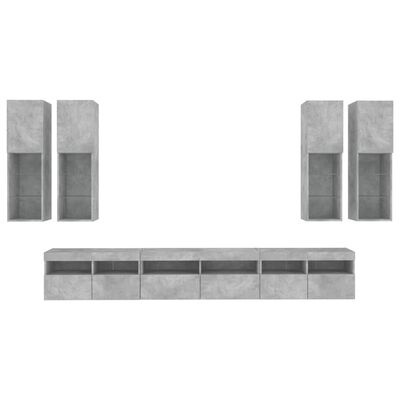 Conjunto de mobília cinzenta para sala com módulos verticais suspensos e móvel horizontal baixo