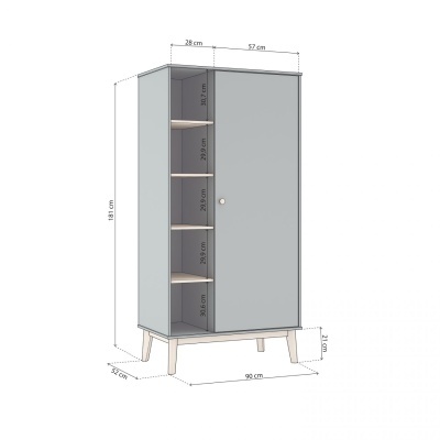 Armário cinza com prateleiras laterais e pés de madeira clara