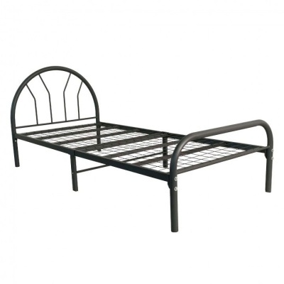 Cama individual metálica preta com cabeceira arredondada