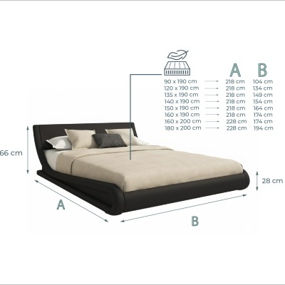 Cama moderna preta com roupa de cama bege e almofadas e medidas indicadas.