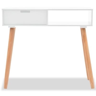 Mesa de consola branca com pernas de madeira e compartimentos aberto e fechado