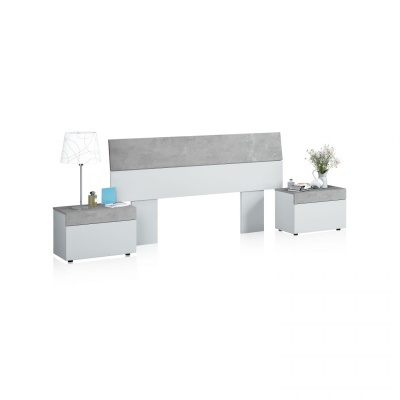 Conjunto de cabeceira e duas mesas de cabeceira brancas com tampo cinzento tipo betão e decoração