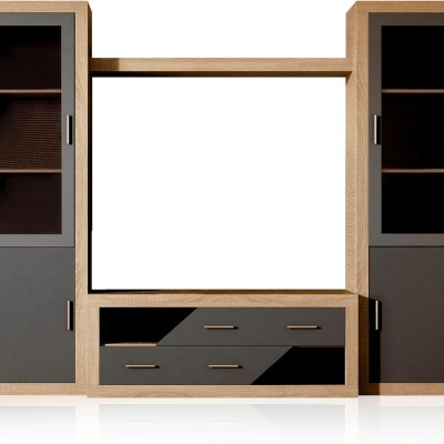 Conjunto de móveis para sala de estar em madeira castanho claro com portas em vidro preto